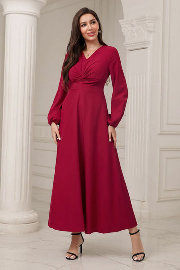 A-Line V-Neck Burgundy Formal Dress with Long Sleeves